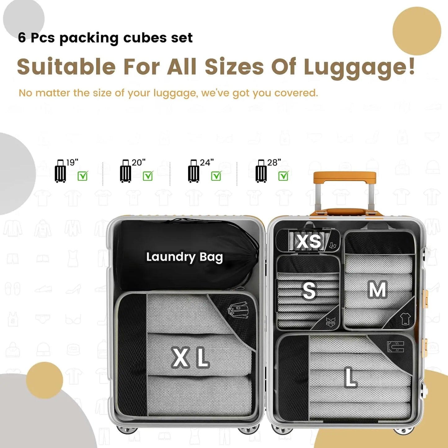 6-Piece Travel Packing Cubes Set — Lightweight Luggage Organizers with Shoe Bag