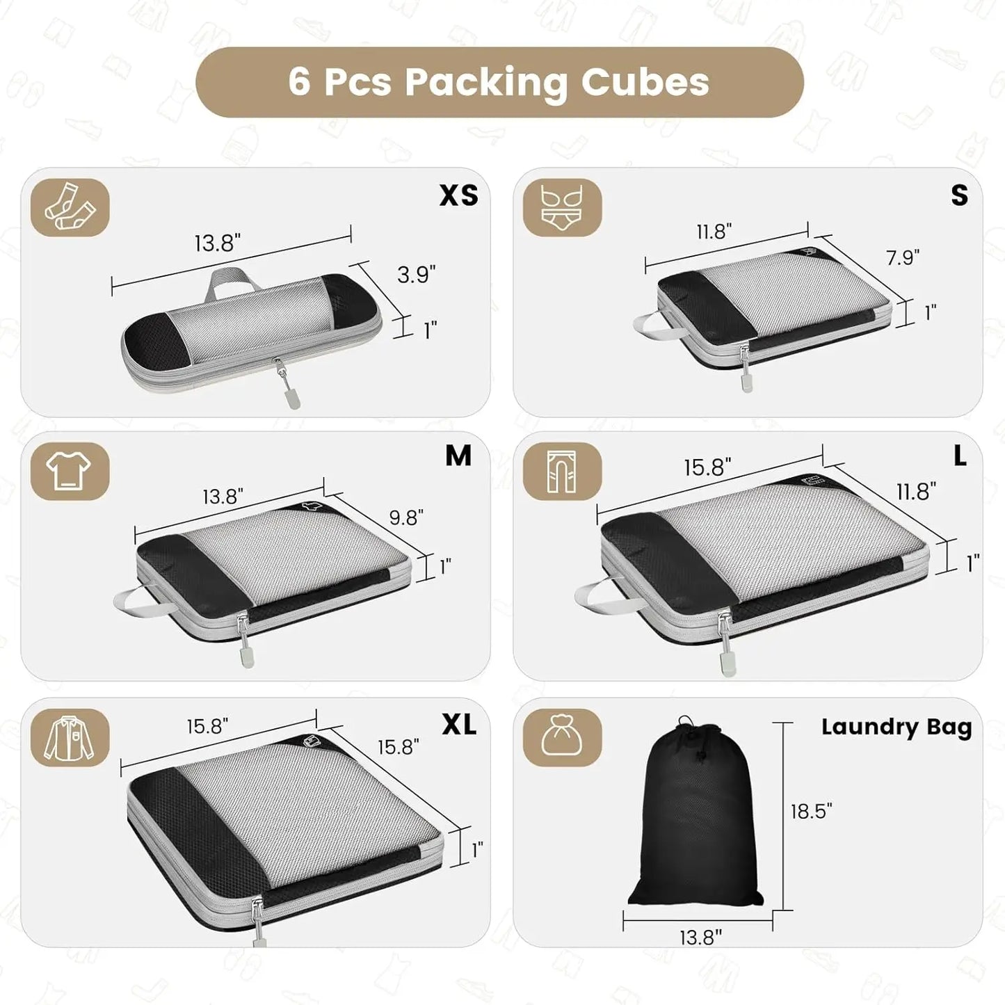 6-Piece Travel Packing Cubes Set — Lightweight Luggage Organizers with Shoe Bag