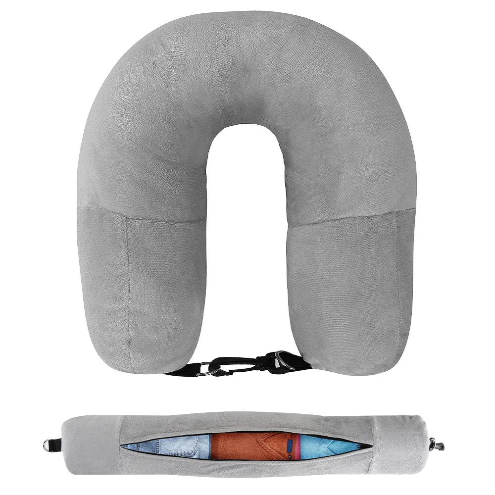 Travel Neck Pillow with Fillable Clothing U Shaped Pillowcase Velvet Cover Extra Storage Bag for Airplane Travel Space Saving
