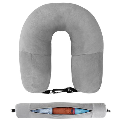 Travel Neck Pillow with Fillable Clothing U Shaped Pillowcase Velvet Cover Extra Storage Bag for Airplane Travel Space Saving
