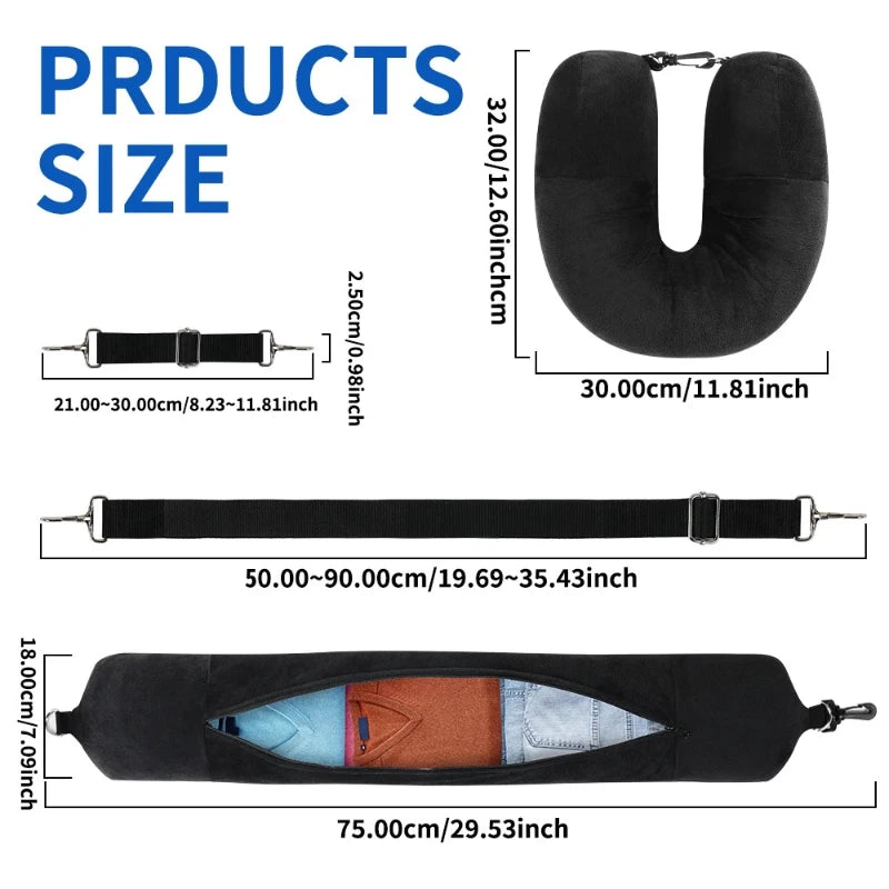 Travel Neck Pillow with Fillable Clothing U Shaped Pillowcase Velvet Cover Extra Storage Bag for Airplane Travel Space Saving