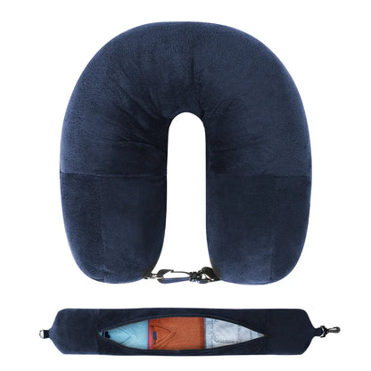 Travel Neck Pillow with Fillable Clothing U Shaped Pillowcase Velvet Cover Extra Storage Bag for Airplane Travel Space Saving
