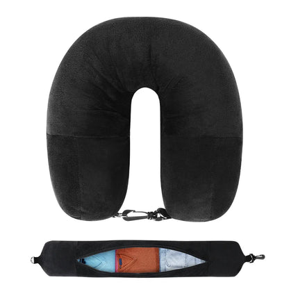 Travel Neck Pillow with Fillable Clothing U Shaped Pillowcase Velvet Cover Extra Storage Bag for Airplane Travel Space Saving