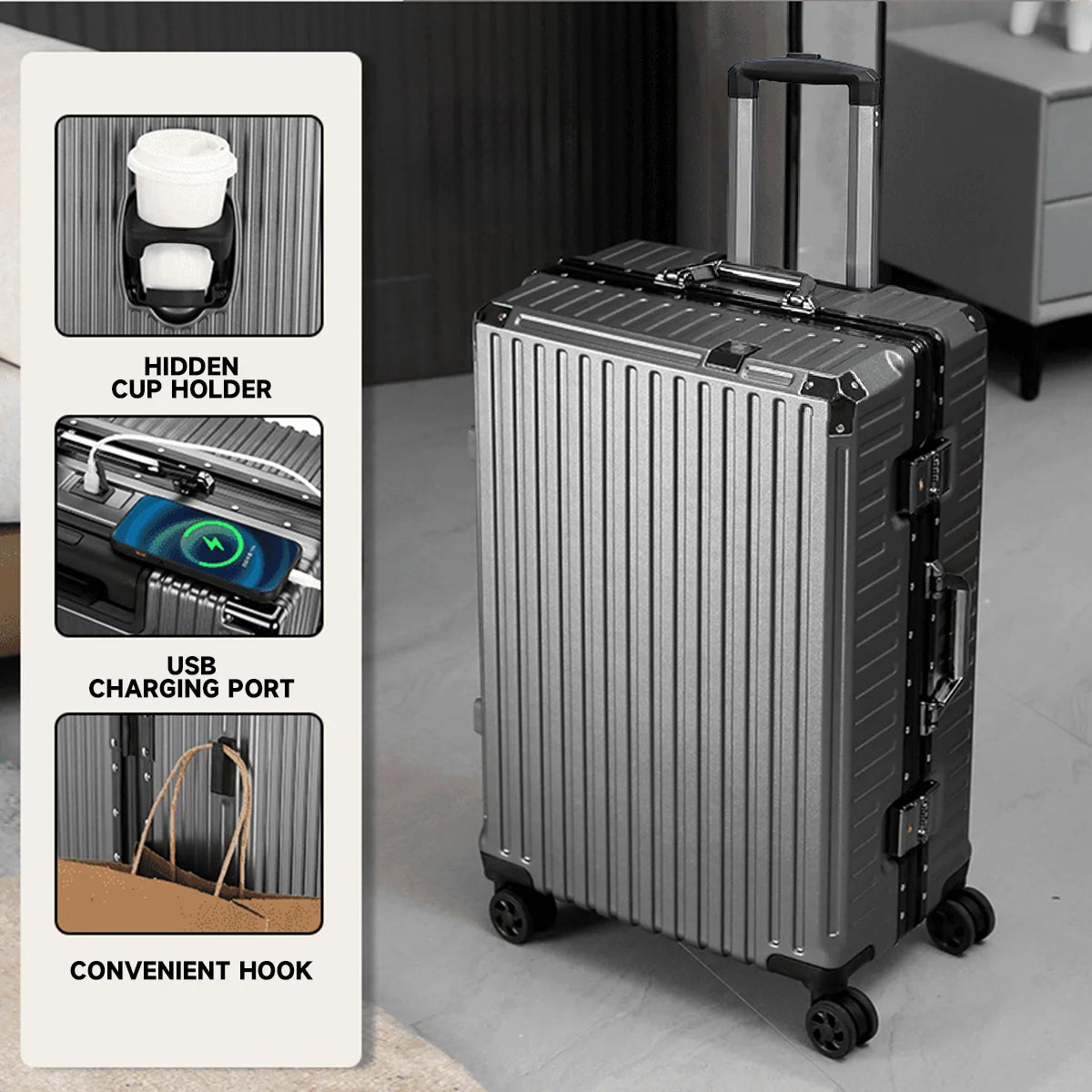 Maleta de Viaje con Marco de Aluminio — Resistente y con Puerto USB