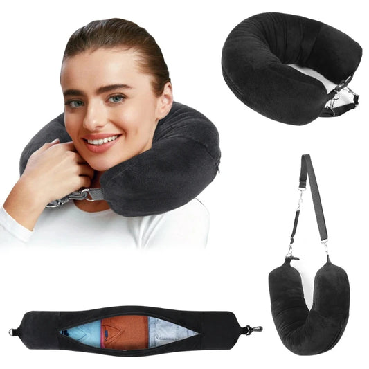PackGo Almohada de Viaje en U Rellena con Ropa - Funda de Terciopelo, Ahorra Espacio
