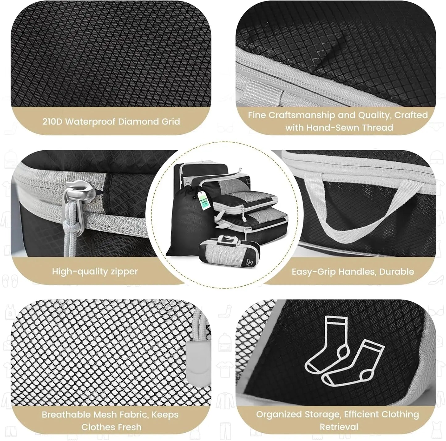 6-Piece Travel Packing Cubes Set — Lightweight Luggage Organizers with Shoe Bag