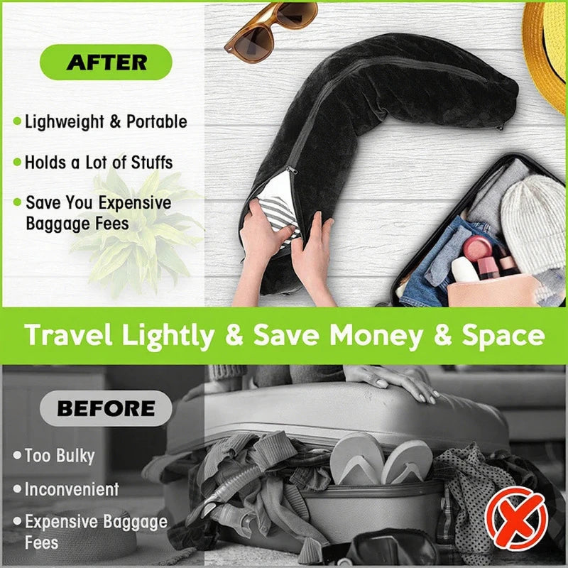 Travel Neck Pillow with Fillable Clothing U Shaped Pillowcase Velvet Cover Extra Storage Bag for Airplane Travel Space Saving
